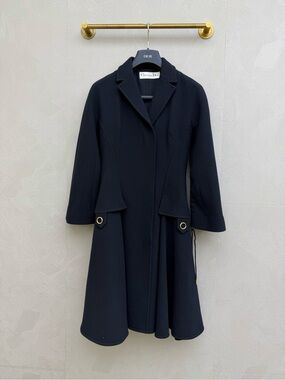 🚩steal Dior Navy Fit-and-Flare Wool Trench Coat with Gold Grommet Detail